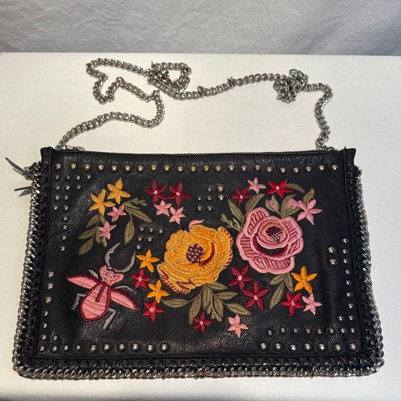 Topshop Handbags - TOPSHOP Made in India Black Leather Floral Embroidered Chain Clutch